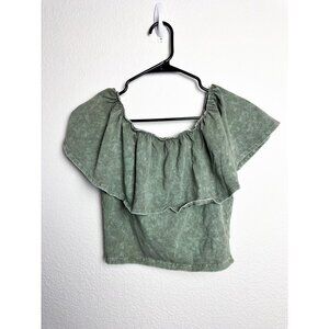 WFFS Girl Talk Ruffle Cropped Blouse Top Womens Green Medium